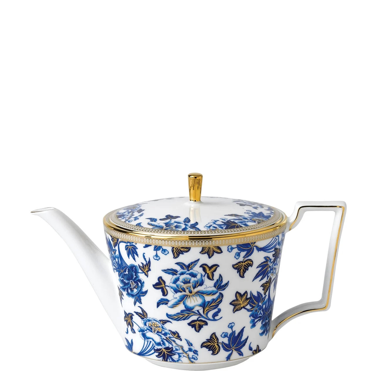 Tetera Hibiscus con diseño floral azul y detalles dorados.