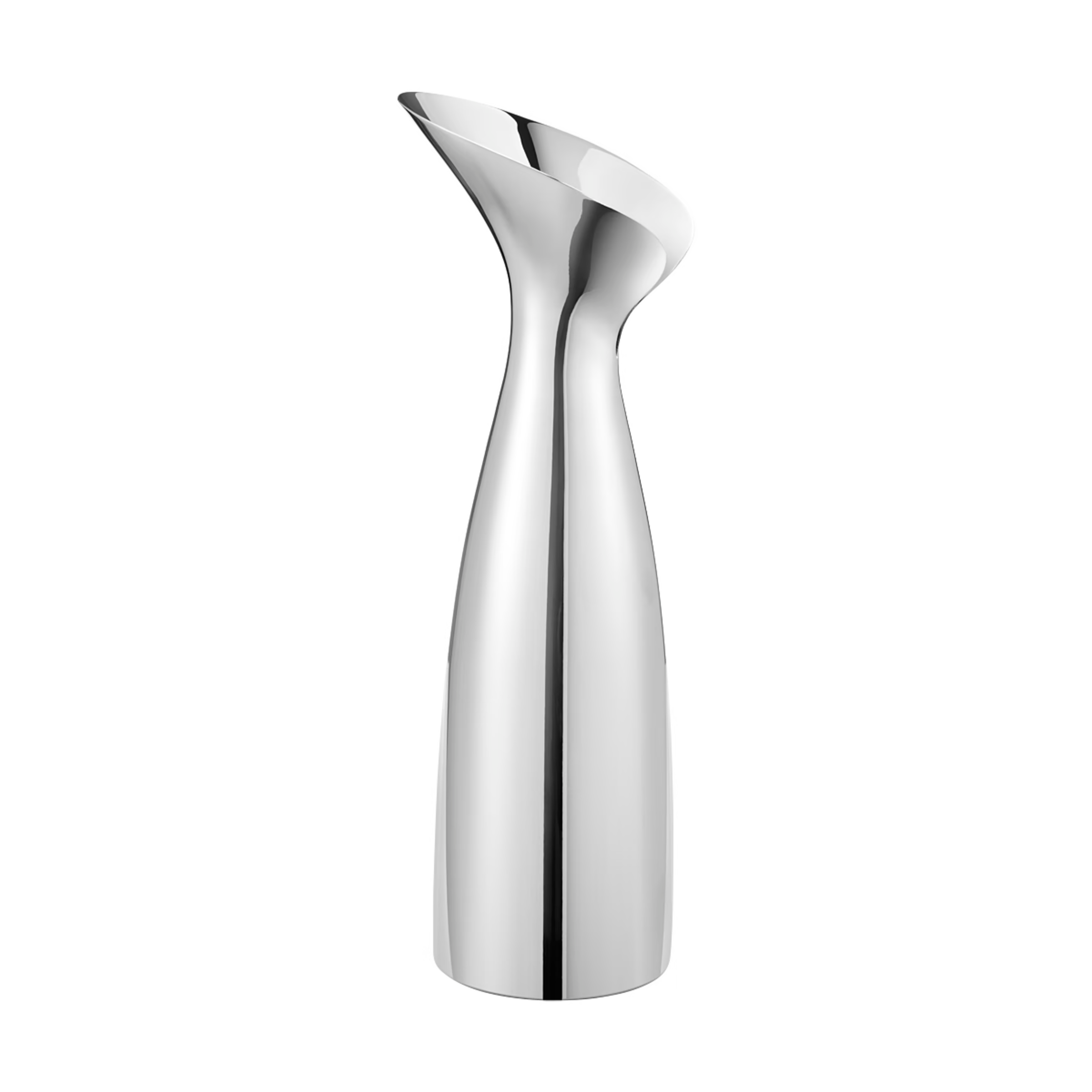 Jarra de servicio de 1 litro de la colección Indulgence de Georg Jensen en acero inoxidable pulido a espejo, mostrando su silueta aerodinámica.