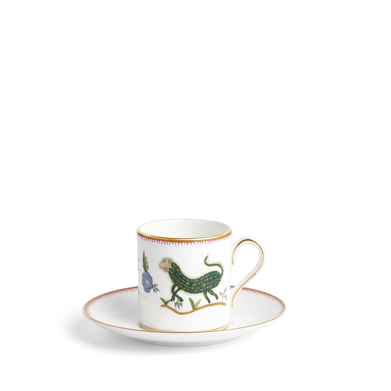 Taza y platillo de café Criaturas Míticas con ilustraciones vibrantes.