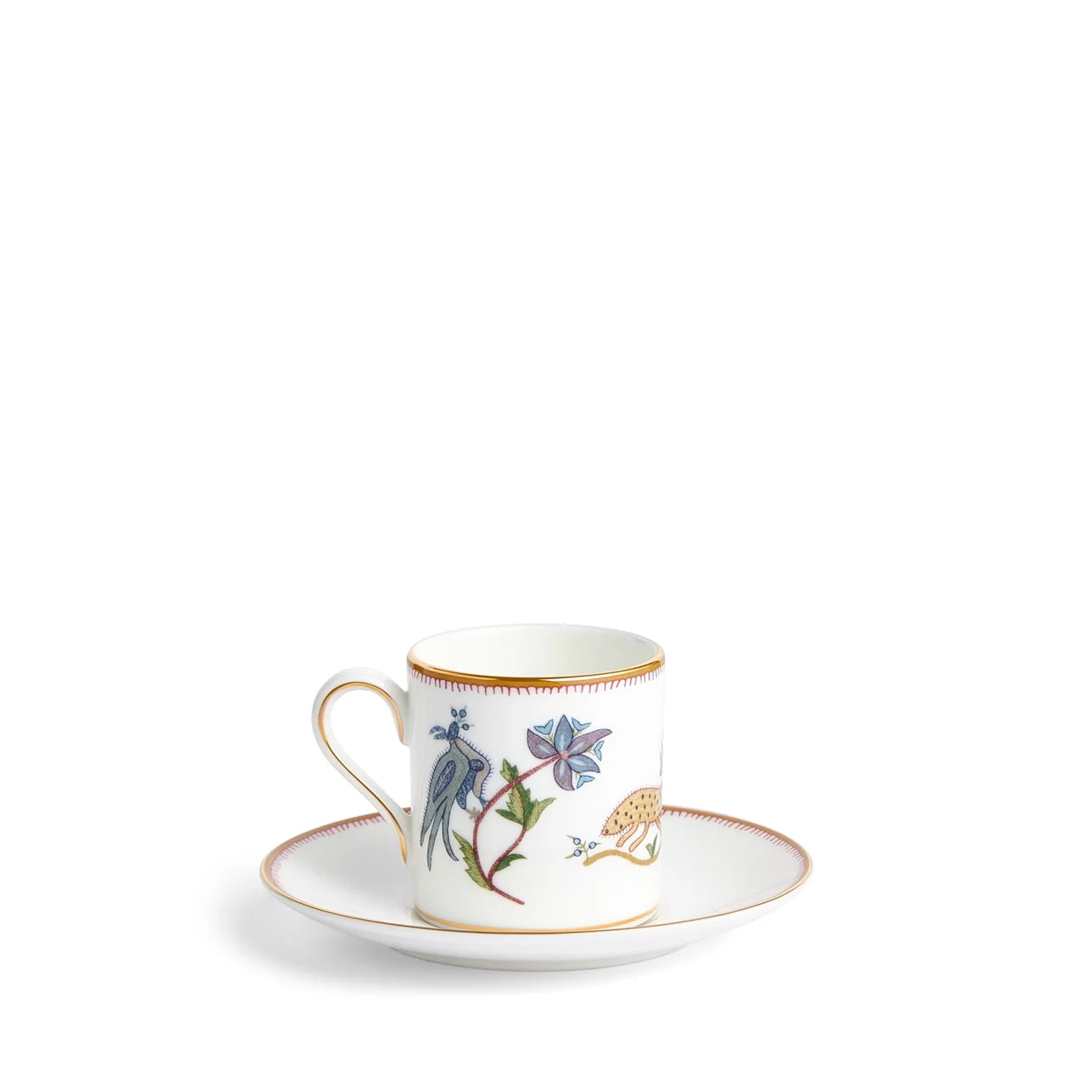 Juego de taza y platillo de café Criaturas Míticas con bordes dorados de Wedgwood.