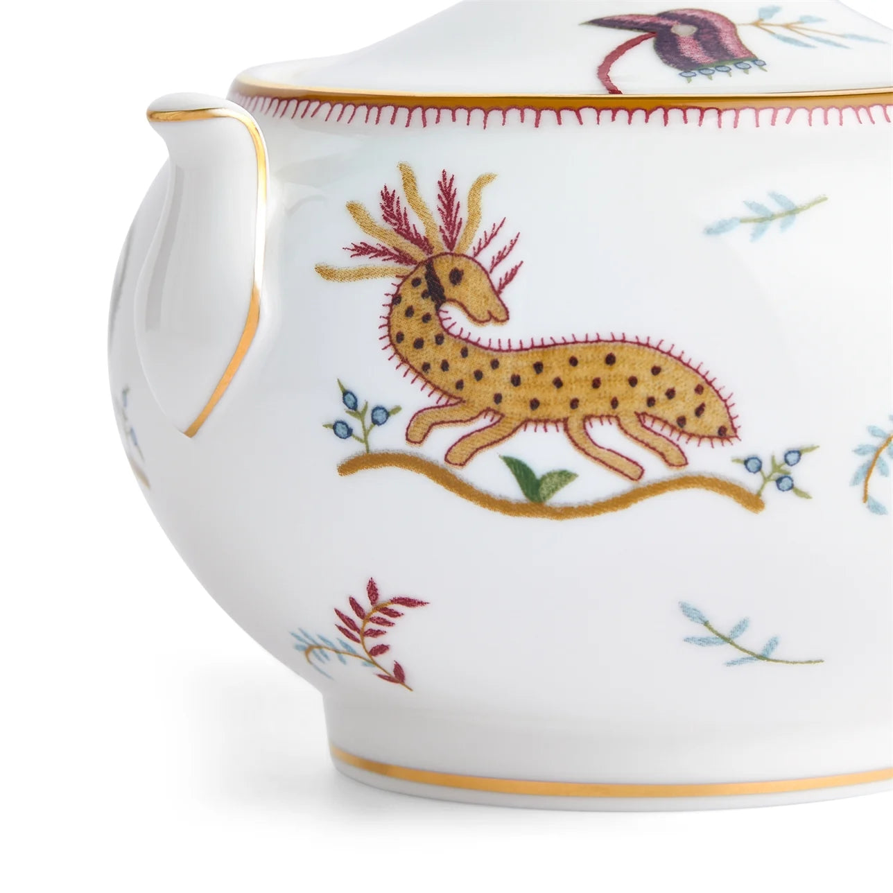 Azucarera Mythical Creatures blanca con detalles dorados y tapa.