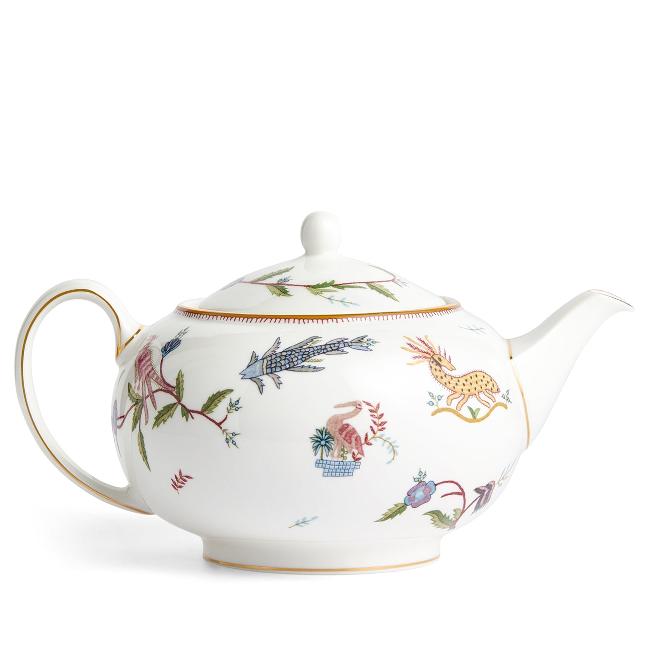 Tetera Mythical Creatures de porcelana blanca con aves imaginarias.