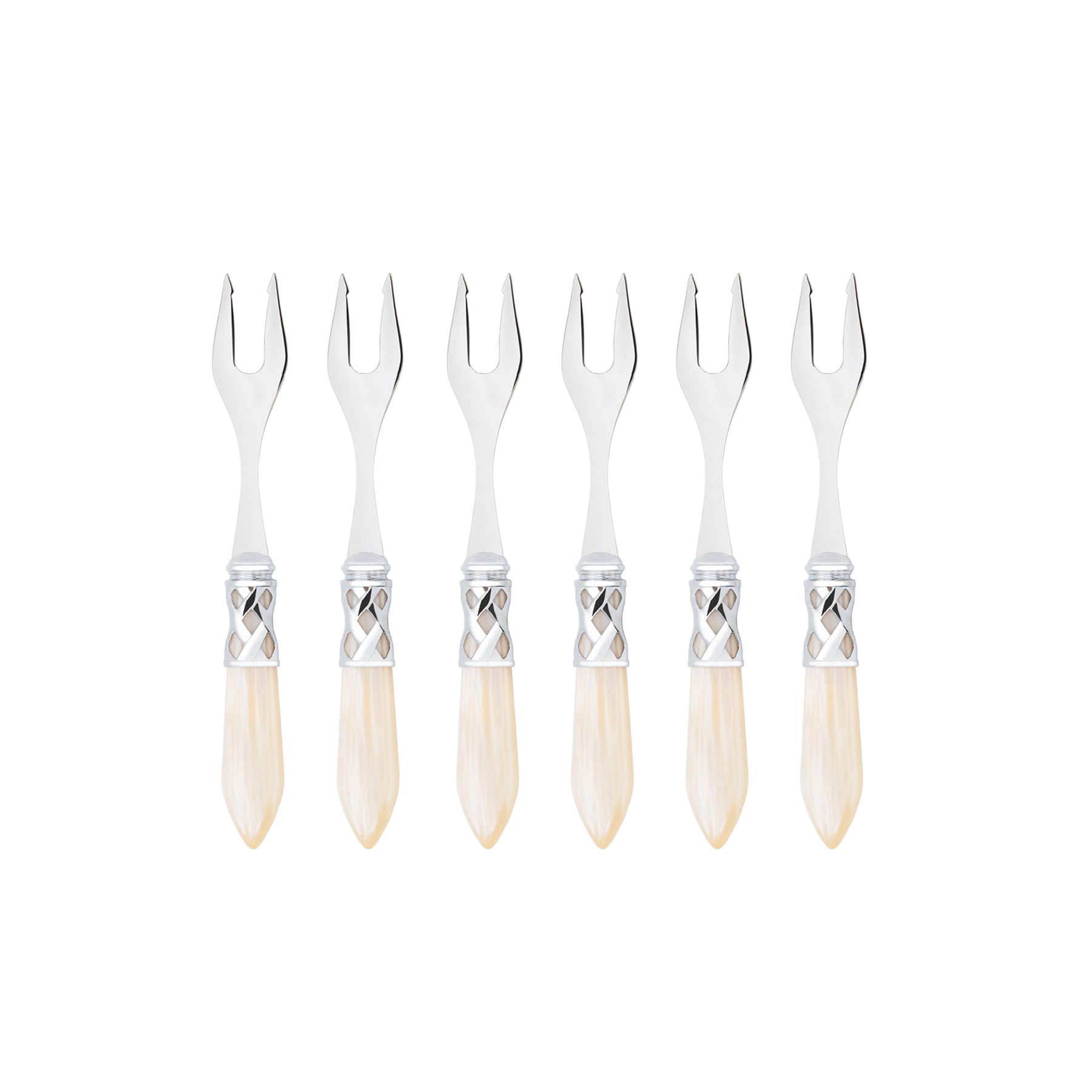 Set de 6 Tenedores para aperitivos y cócteles de la colección Aladdin de Casa Bugatti en color marfil nacarado, ideal para pasabocas.
