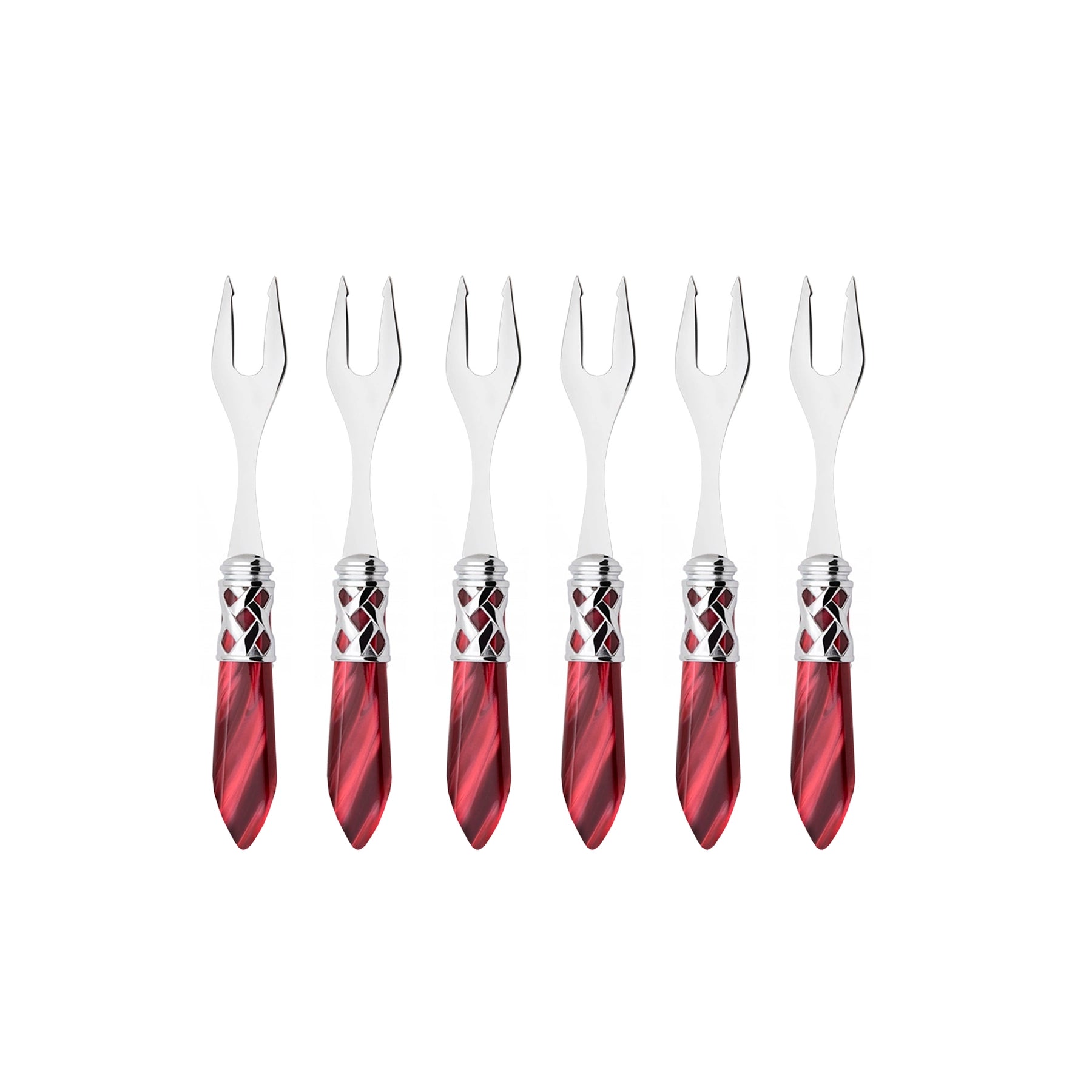 Set de 6 Tenedores para aperitivos y cócteles de la colección Aladdin de Casa Bugatti en color bordeaux nacarado, ideal para pasabocas.