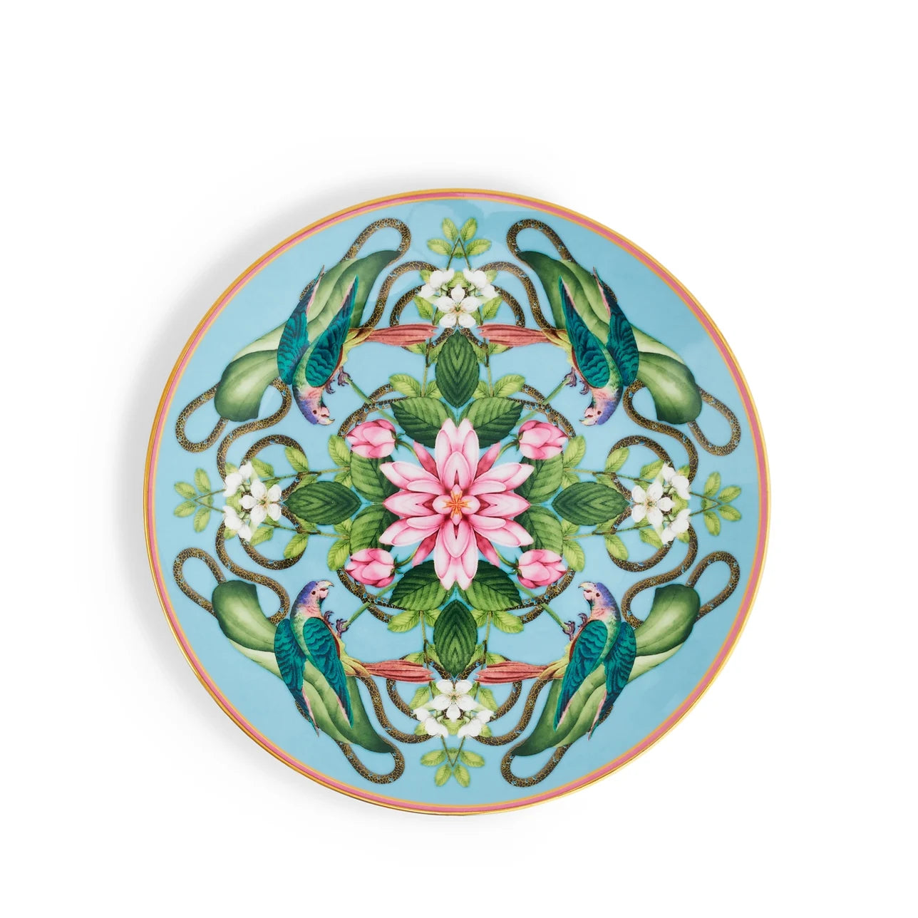 Plato postre Menagerie Wonderlust de porcelana china con flores tropicales y borde dorado