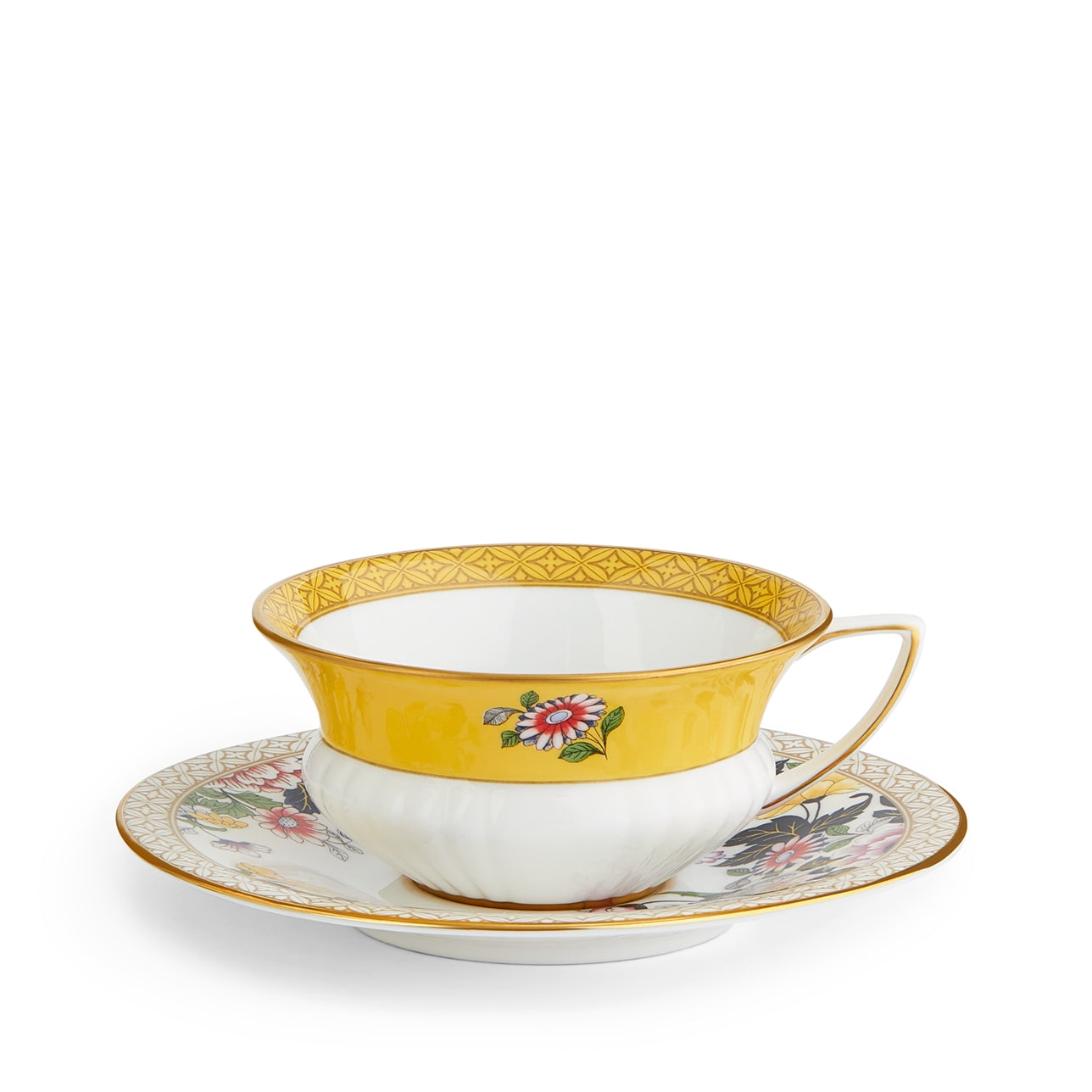 Taza y platillo Primrose Wonderlust con franja amarilla y flores