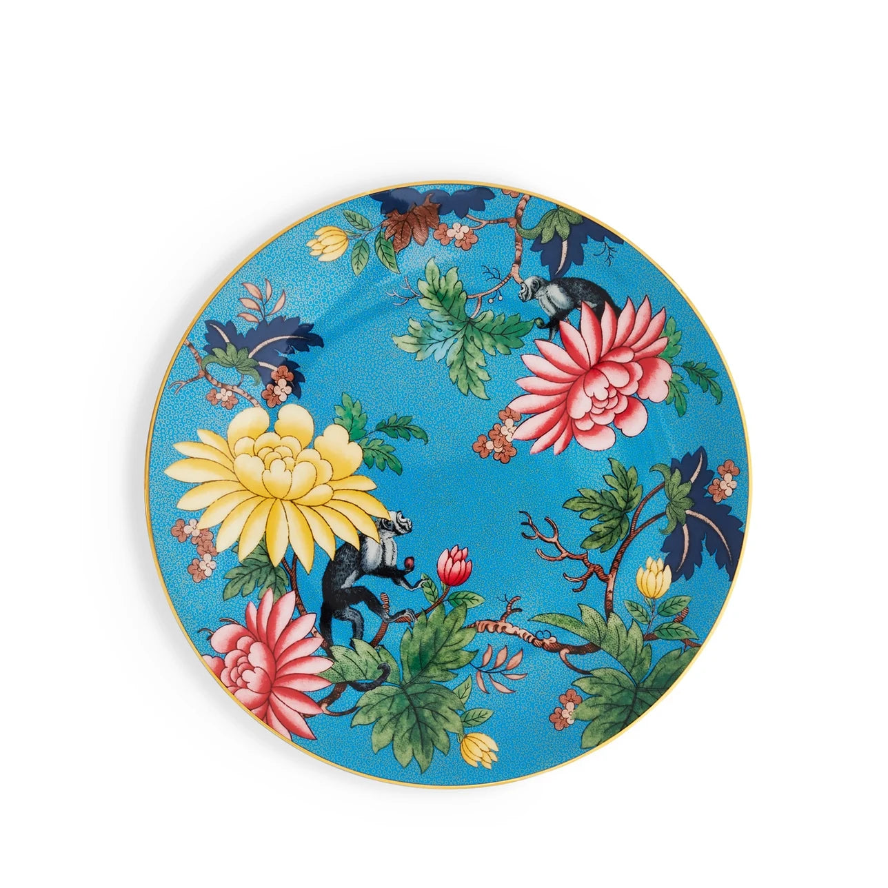 Plato postre Saphire Garden Wonderlust, porcelana azul y dorada