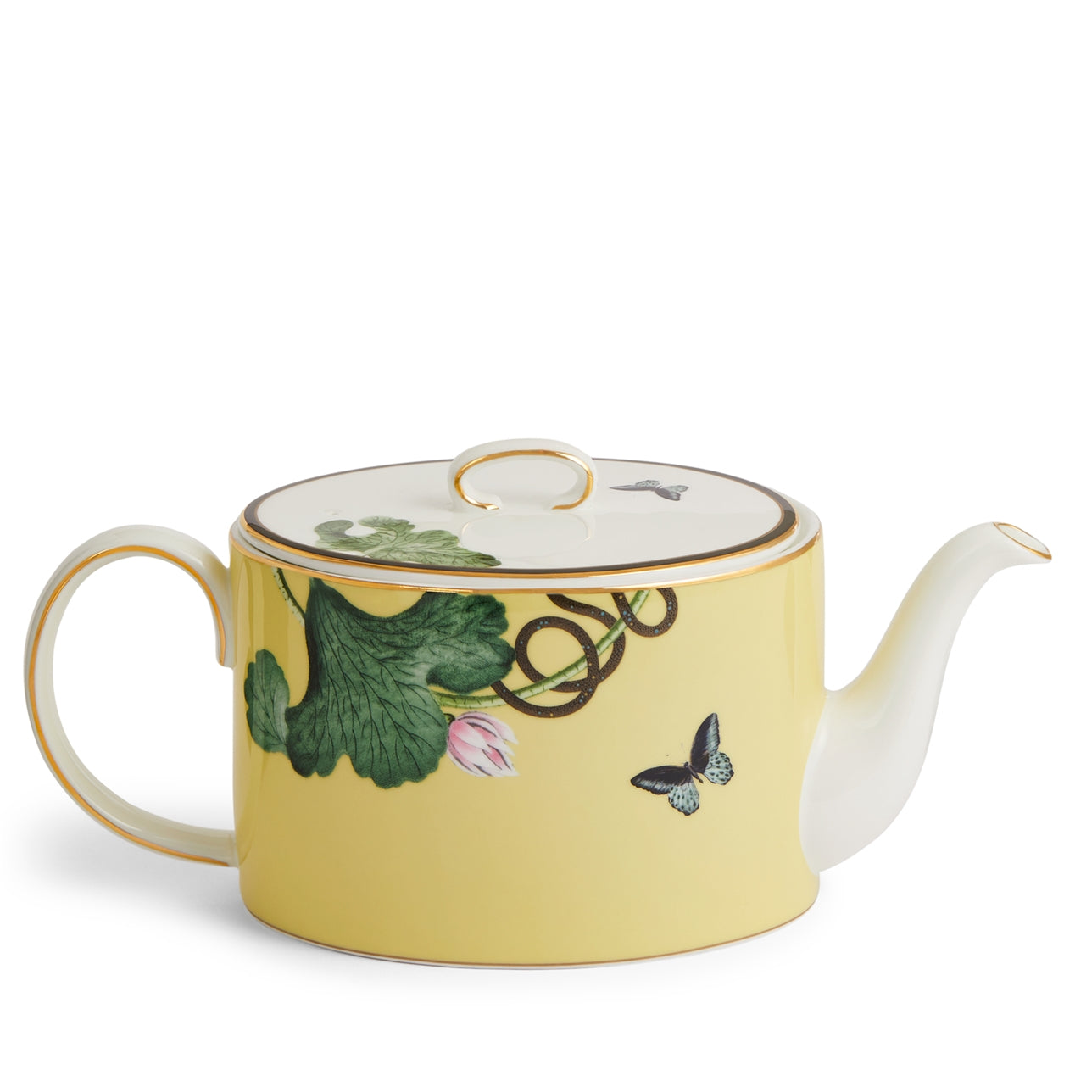 Tetera Wonderlust Waterlily de Wedgwood de cuerpo completo, mostrando el vibrante diseño de nenúfares y el pico dorado.