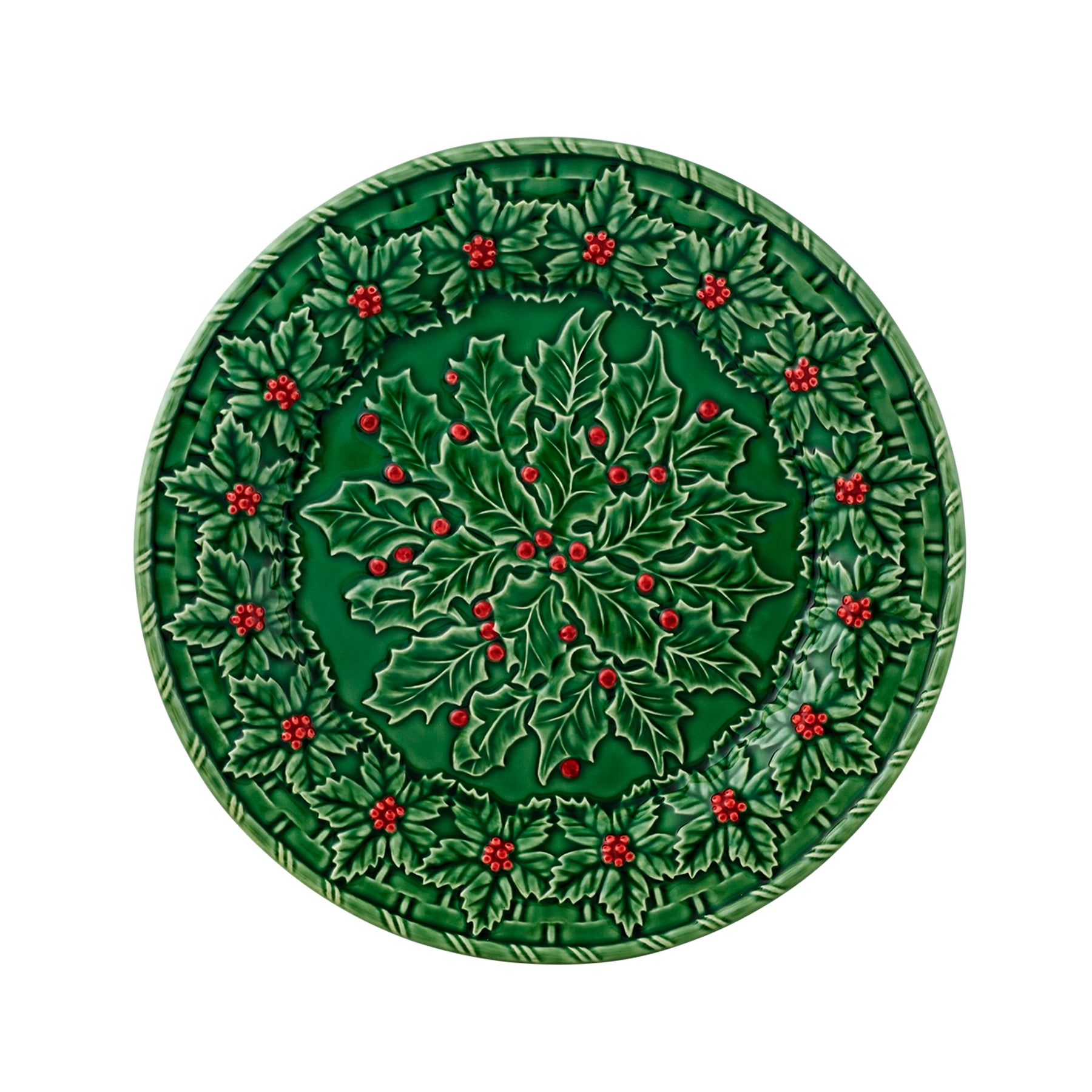 Plato Marcador Holly de Bordallo Pinheiro, mostrando la forma de las hojas de acebo y las bayas rojas en relieve.