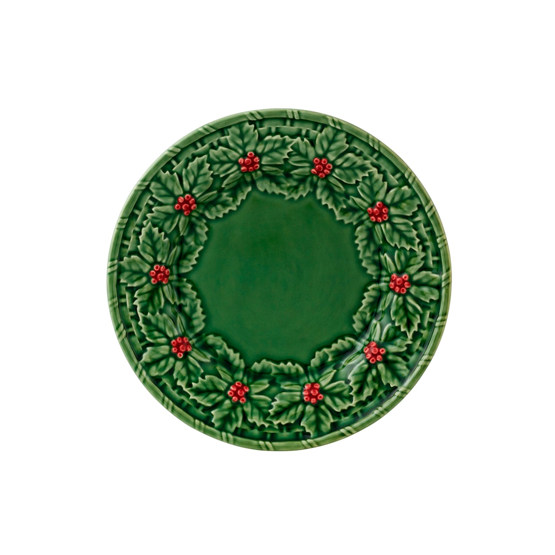 Plato Postre Holly de Bordallo Pinheiro, mostrando la forma de la hoja de acebo y las bayas rojas en el borde.