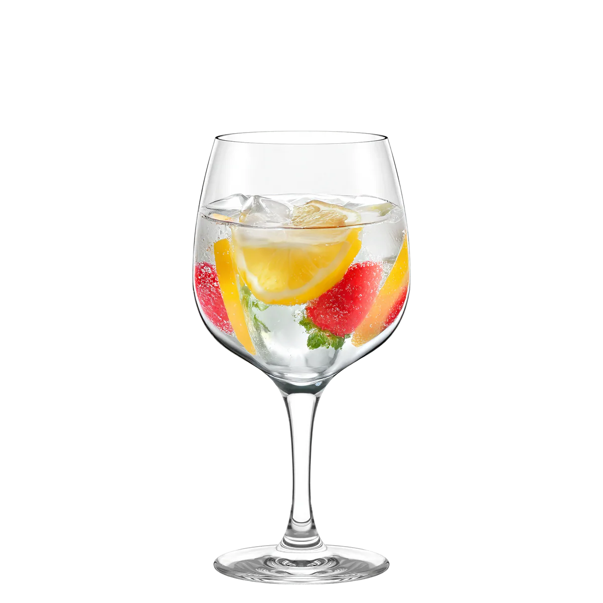 Copa Gin Tonic Bar Basic de Stölzle Lausitz llena con un gin tonic y hielo, destacando su capacidad y cómo realza la bebida.