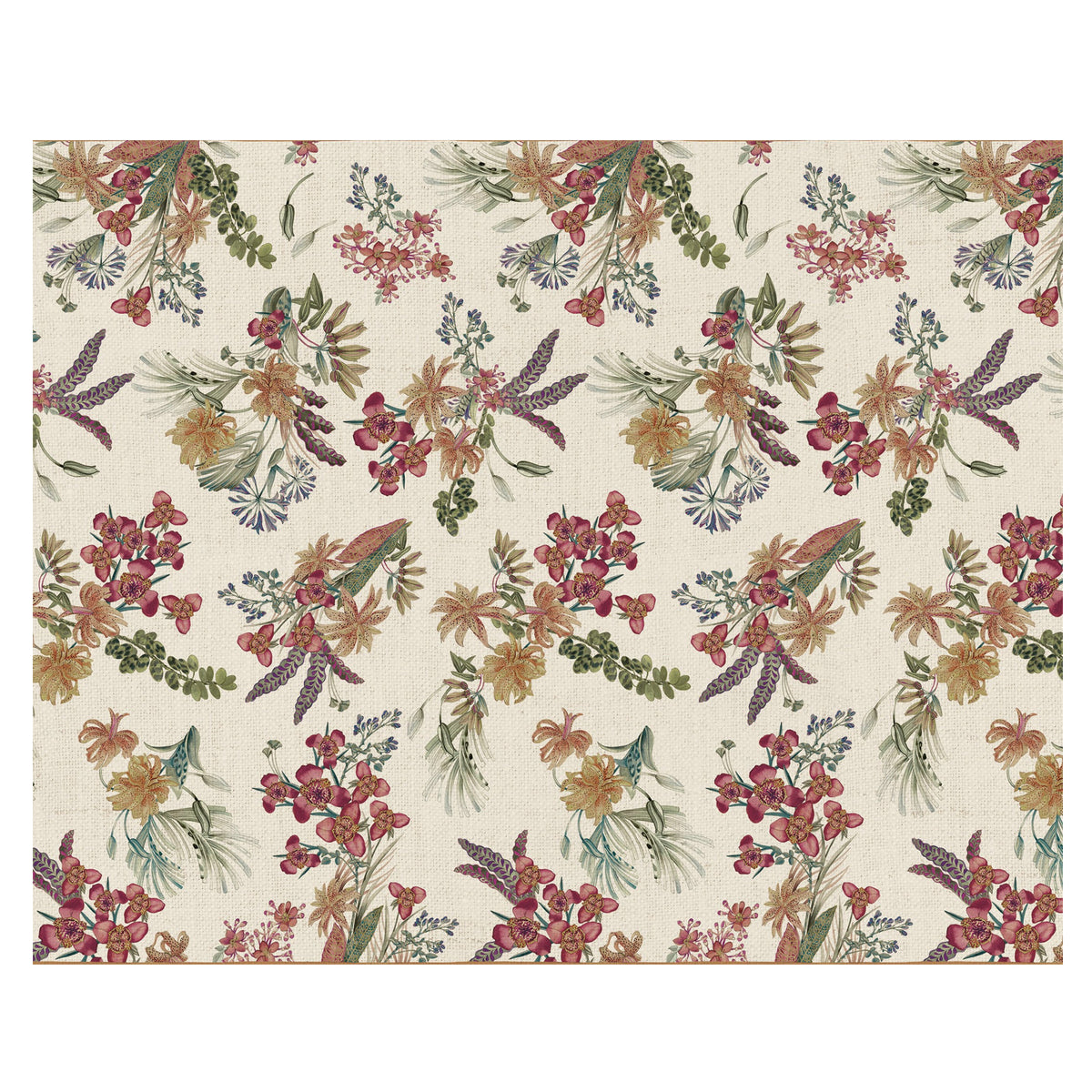 Vista cenital completa del mantel Eradea en 100% puro lino tono naturale con estampado floral botánico de Tessitura Toscana Telerie en Oporto Mesa y Cocina.