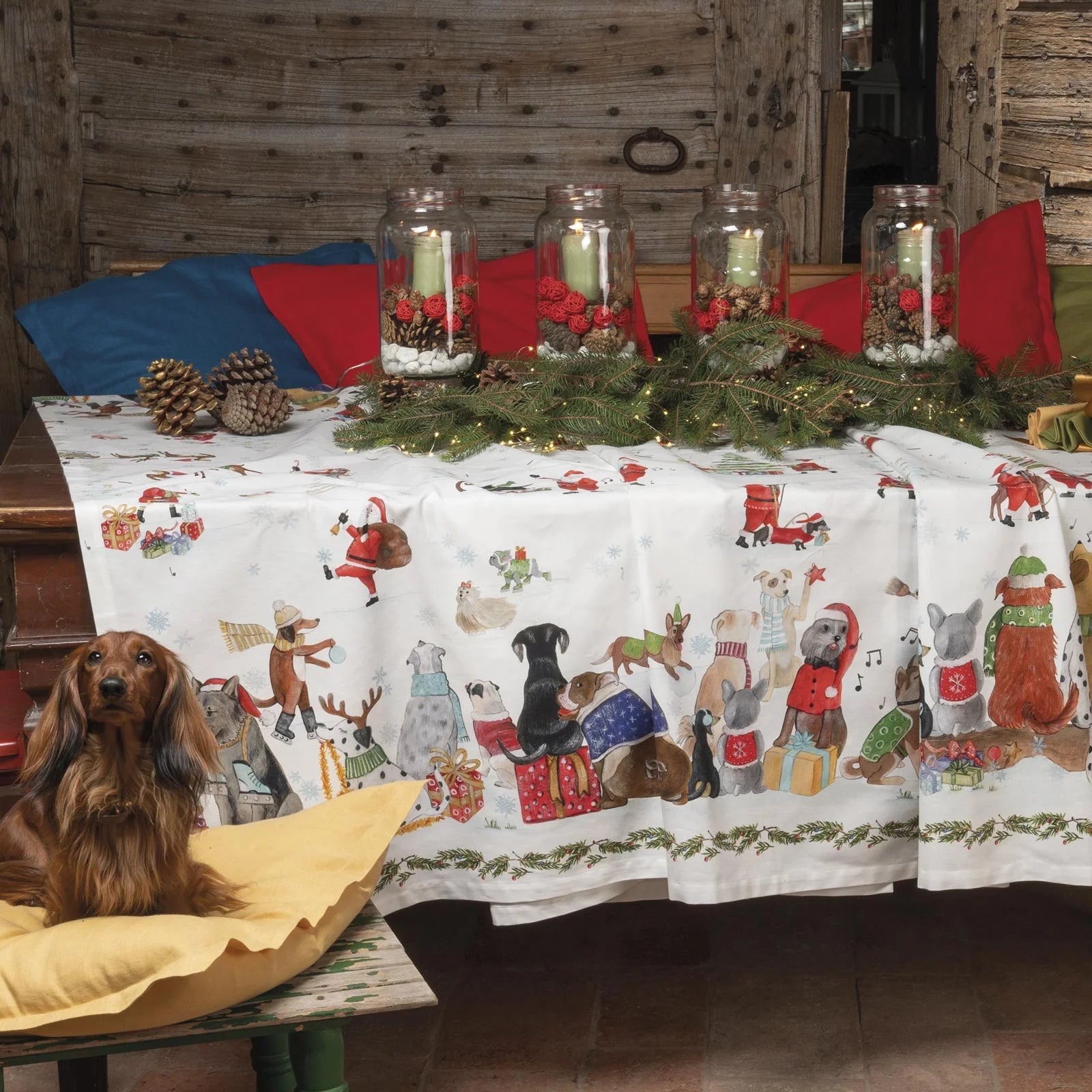 Mesa decorada con mantel Jingle Wolf Tessitura Toscana