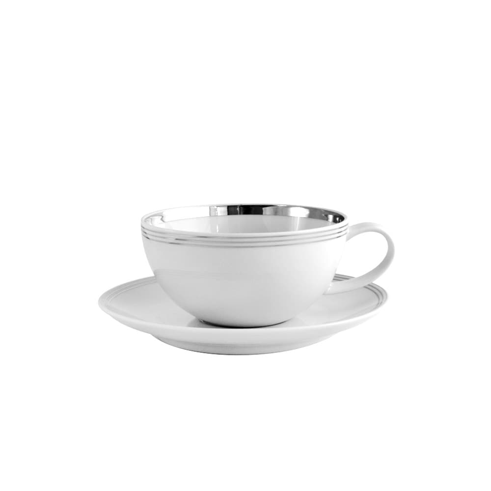 Plato y taza de té Allure en porcelana con detalles en platino