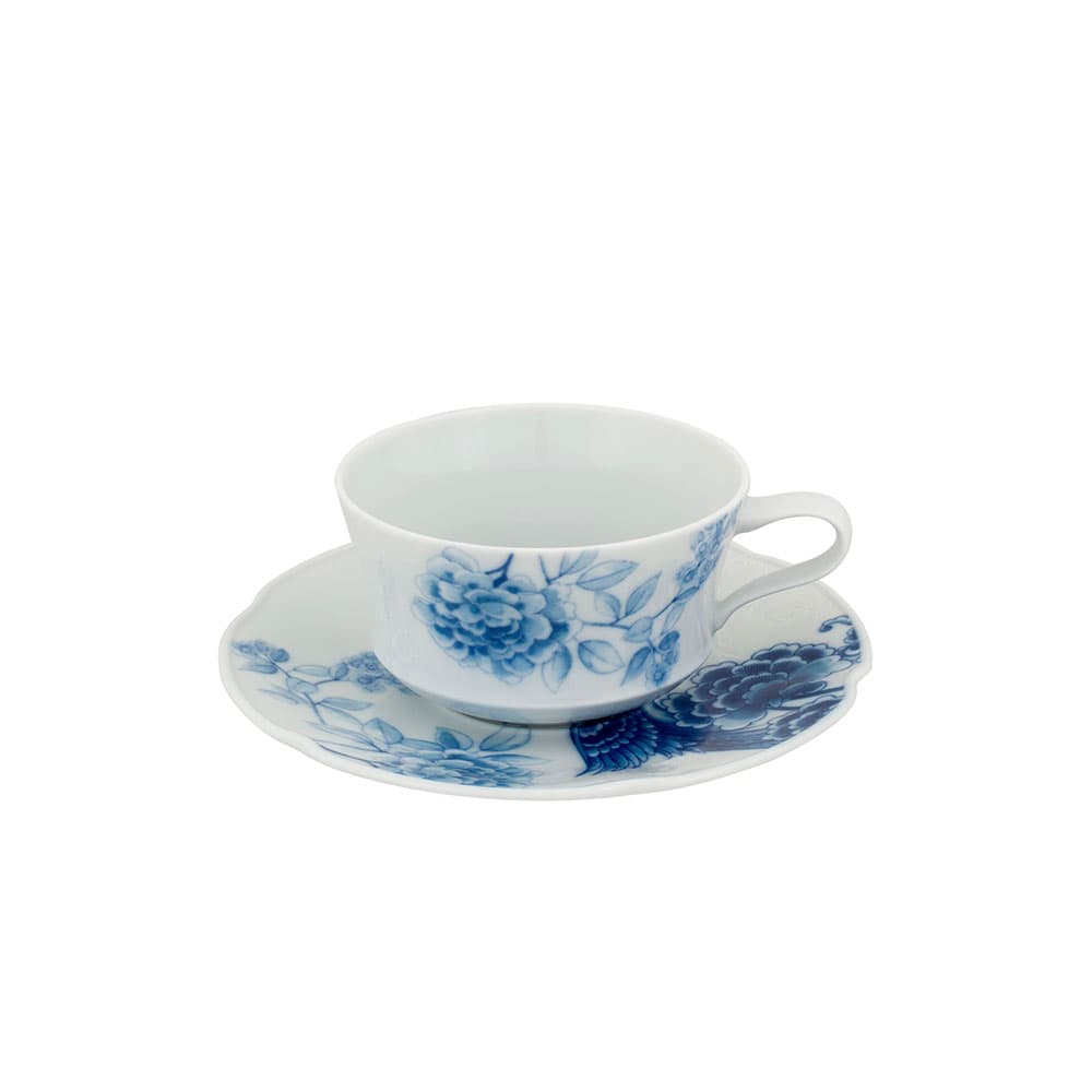 Plato y taza de té Blue Bird porcelana azul cobalto diseño contemporáneo