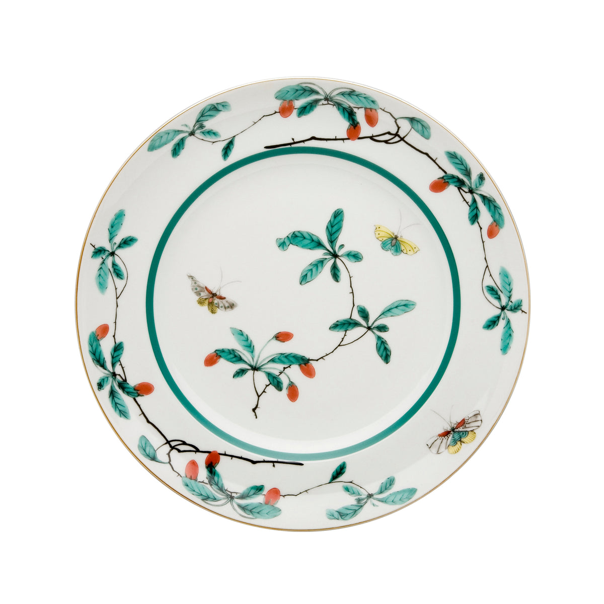 Vista cenital del plato principal de 26 cm de la colección Famille Verte en porcelana blanca con motivos botánicos y mariposas en tonos verdes de Vista Alegre en Oporto Mesa y Cocina.