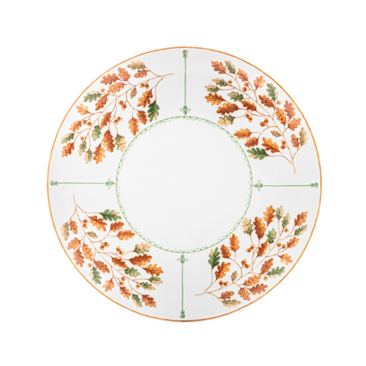 Vista cenital del plato principal de 28 cm de la colección Gudrun en porcelana blanca con ribete botánico de follaje otoñal de Vista Alegre en Oporto Mesa y Cocina.