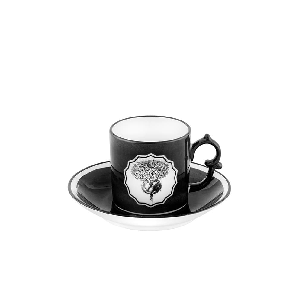 Plato y Taza de Café Negro Herbariae con ilustraciones florales