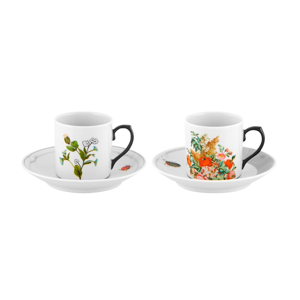 Set 2 Platos y Tazas de Café Petites Histoires Vista Alegre con diseño artístico de Sam Baron