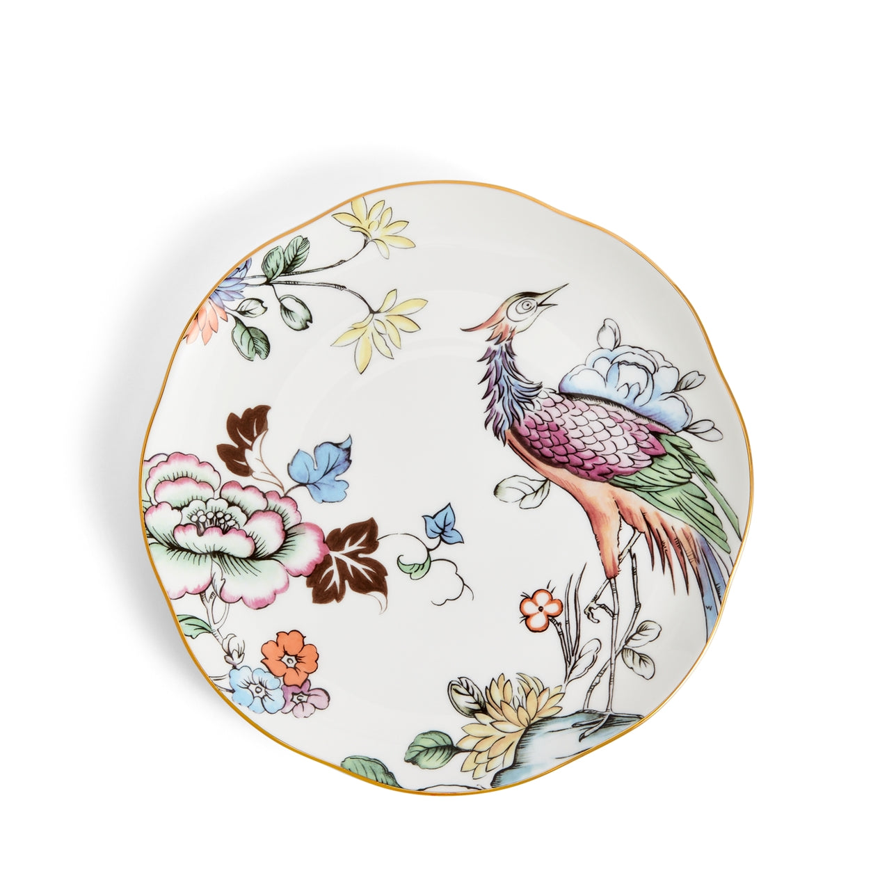Plato postre Fortune Wedgwood con grulla y flores chinoiserie.
