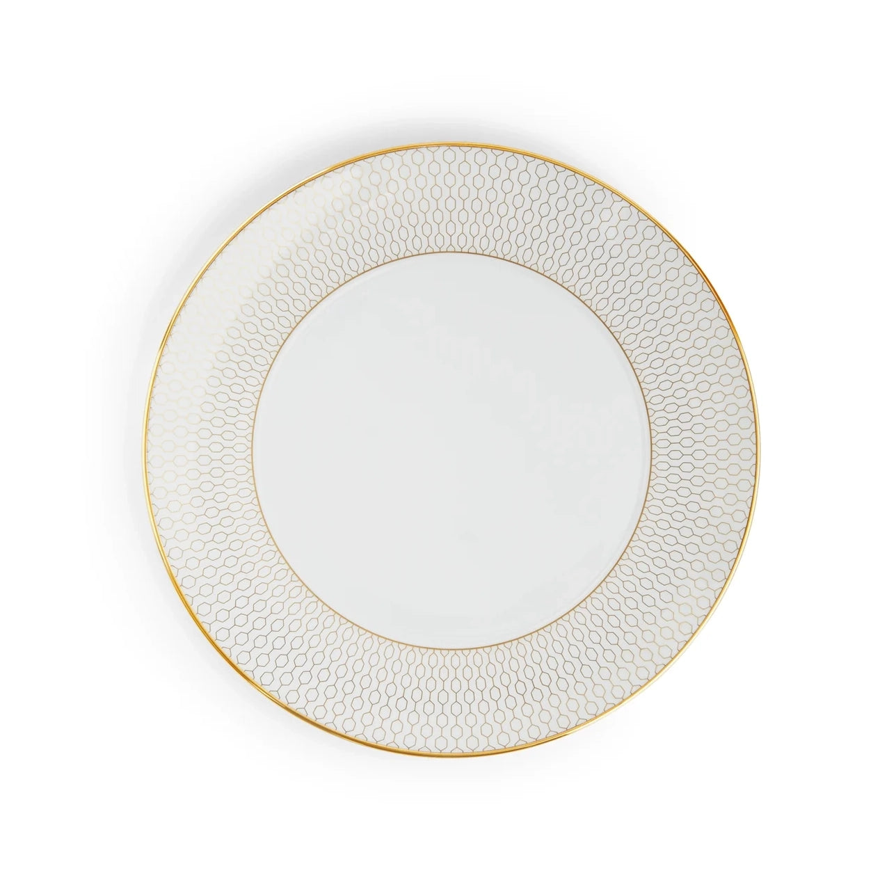 Juego de comedor Gio Gold con dos platos, tazón y taza, bordes dorados.