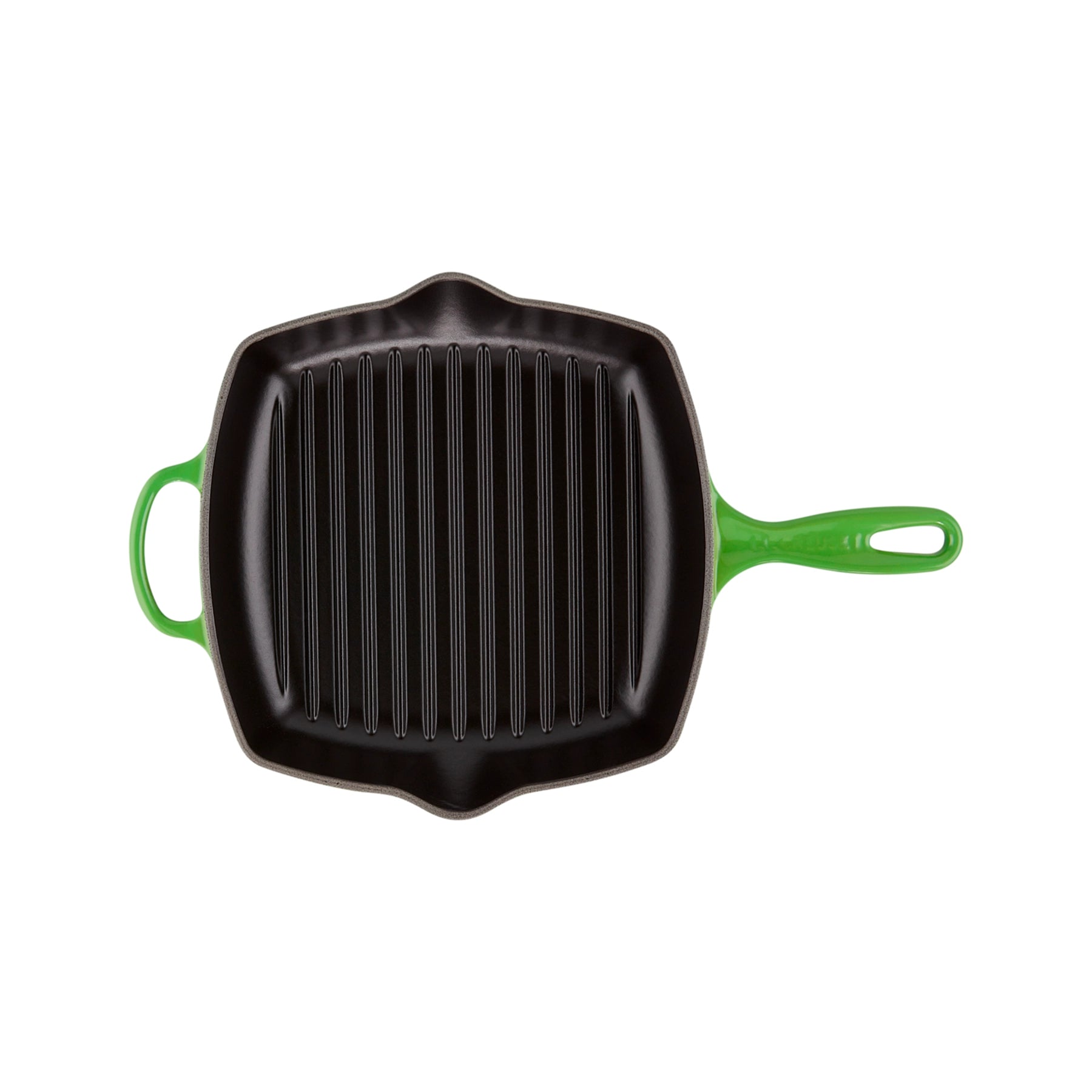 Detalle de los picos vertedores y el asa de la sartén grill Le Creuset, destacando la calidad de su esmalte exterior.