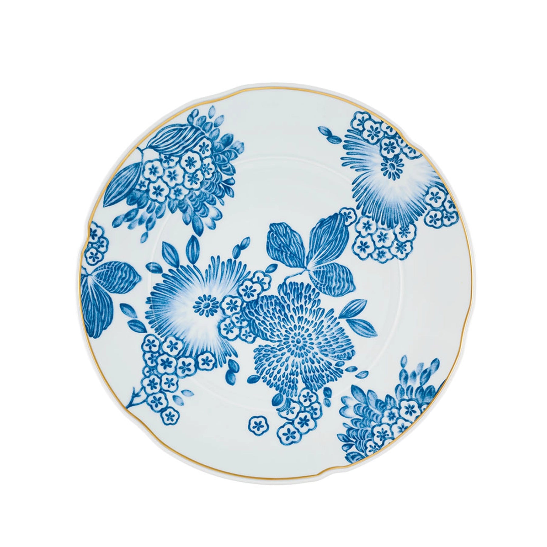 Plato base Coralina Azul de Vista Alegre en fina porcelana, mostrando su amplio contorno floral azul vintage y su delicado filo de oro genuino.