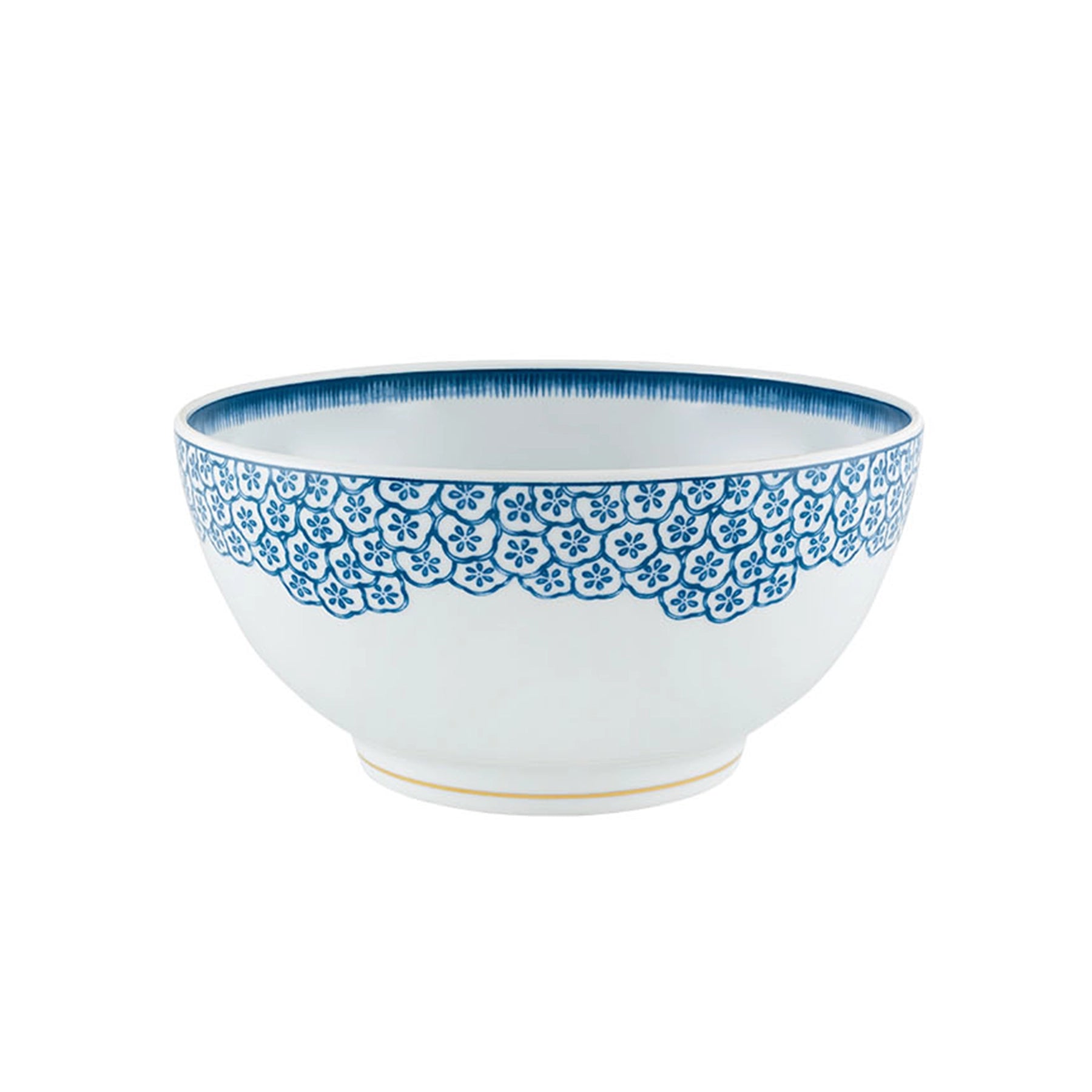 Ensaladera Coralina Azul de Vista Alegre en fina porcelana, mostrando su delicado patrón floral azul vintage y bordes acabados en oro genuino.
