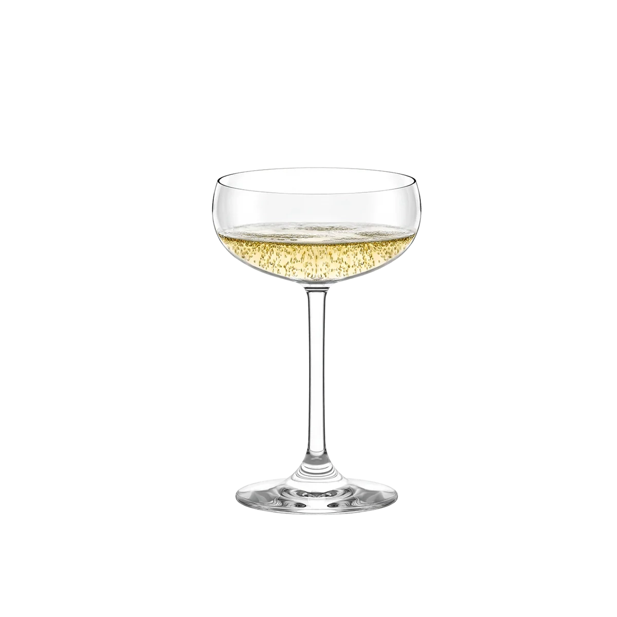 Copa Jive Basic servida con vino espumoso, destacando la columna de burbujas ascendente y su elegancia en el montaje de mesa.