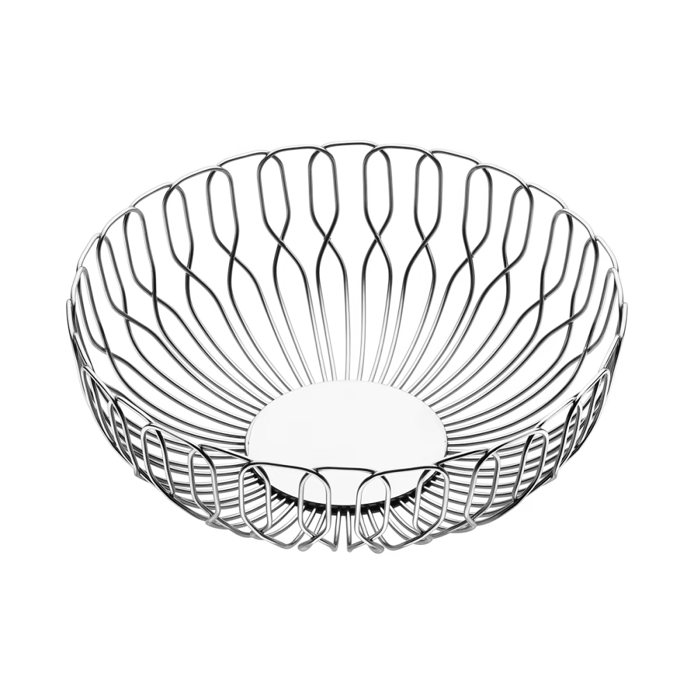 Canasta para pan grande de la colección Alfredo de Georg Jensen en acero inoxidable pulido a espejo, mostrando su diseño de rejilla geométrica abierta.