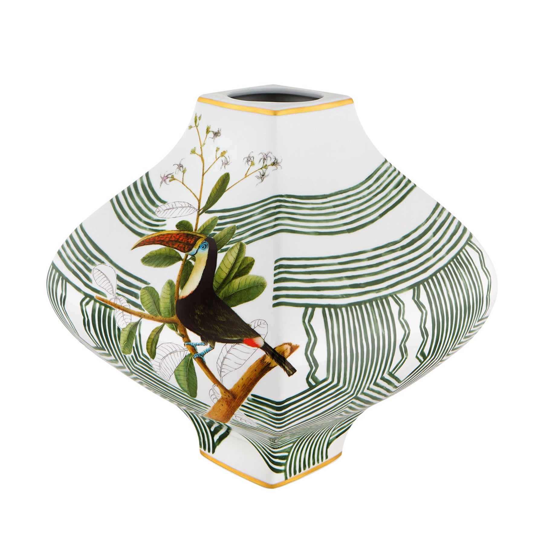 Florero Tucano Amazonia de Vista Alegre, mostrando el diseño completo del tucán y la flora en la porcelana.