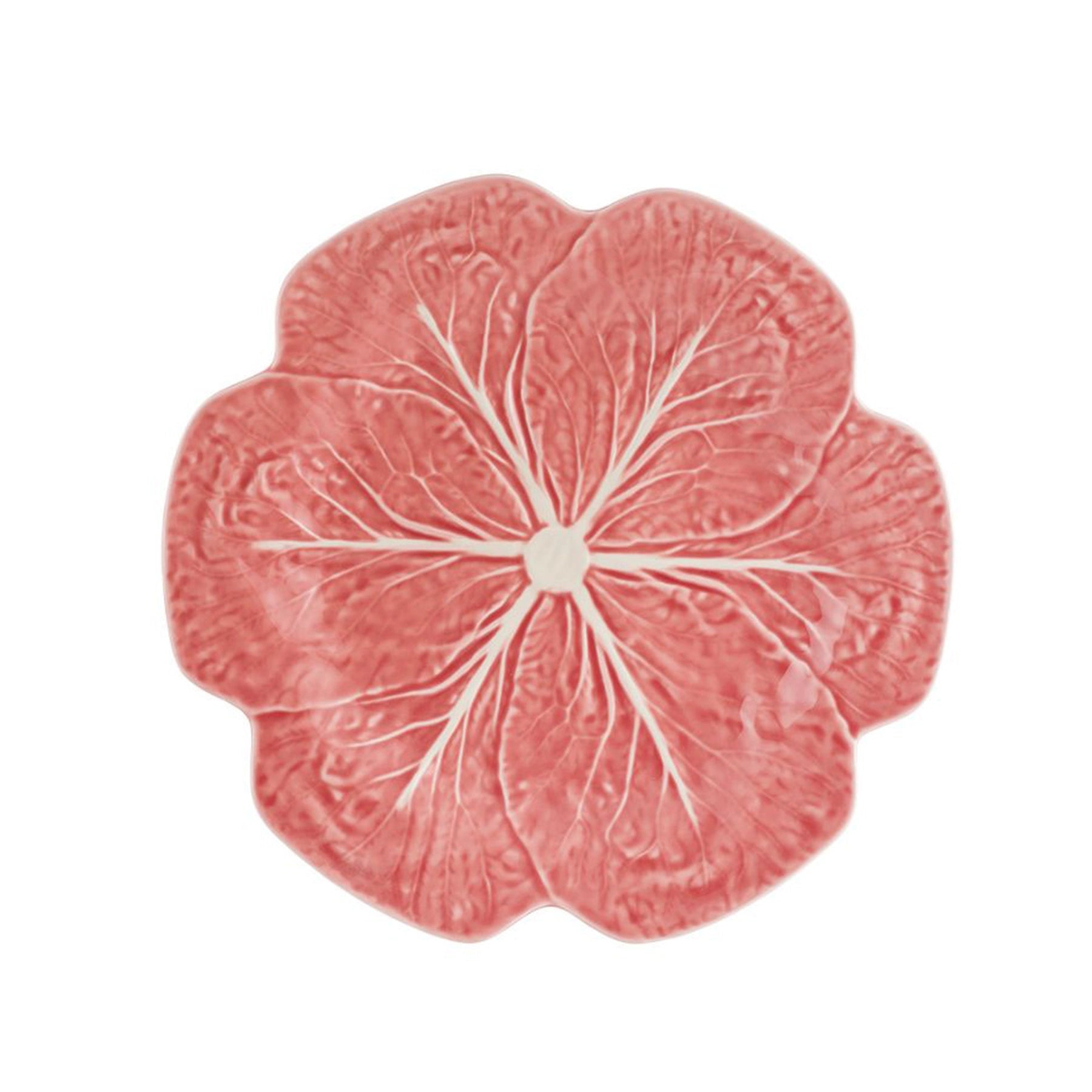Plato principal Couve Pink de Bordallo Pinheiro en loza portuguesa, mostrando su relieve tridimensional de hoja de col en color rosa brillante.