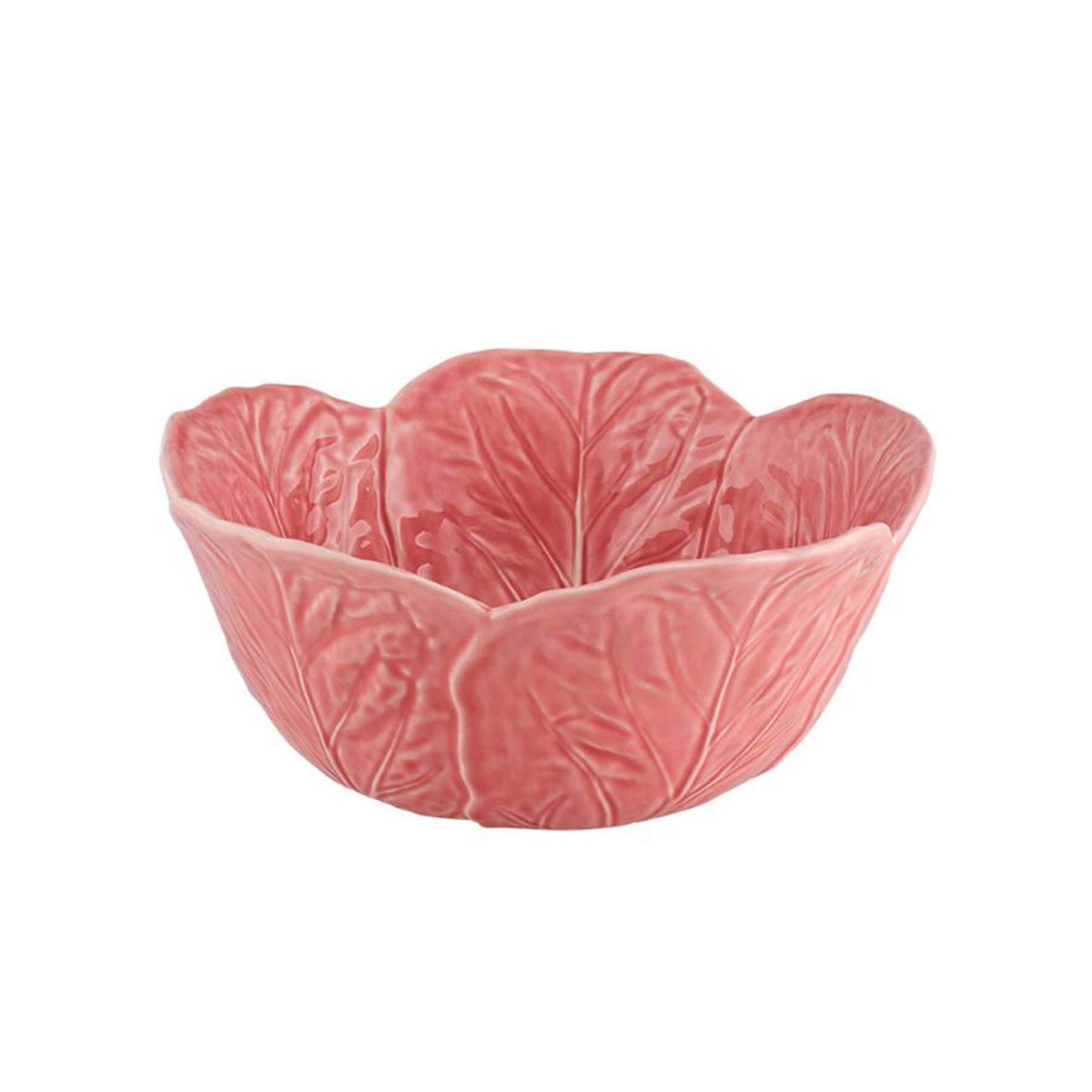 Ensaladera pequeña Couve Pink de Bordallo Pinheiro en loza portuguesa, mostrando su diseño tridimensional de hoja de col en color rosa brillante.