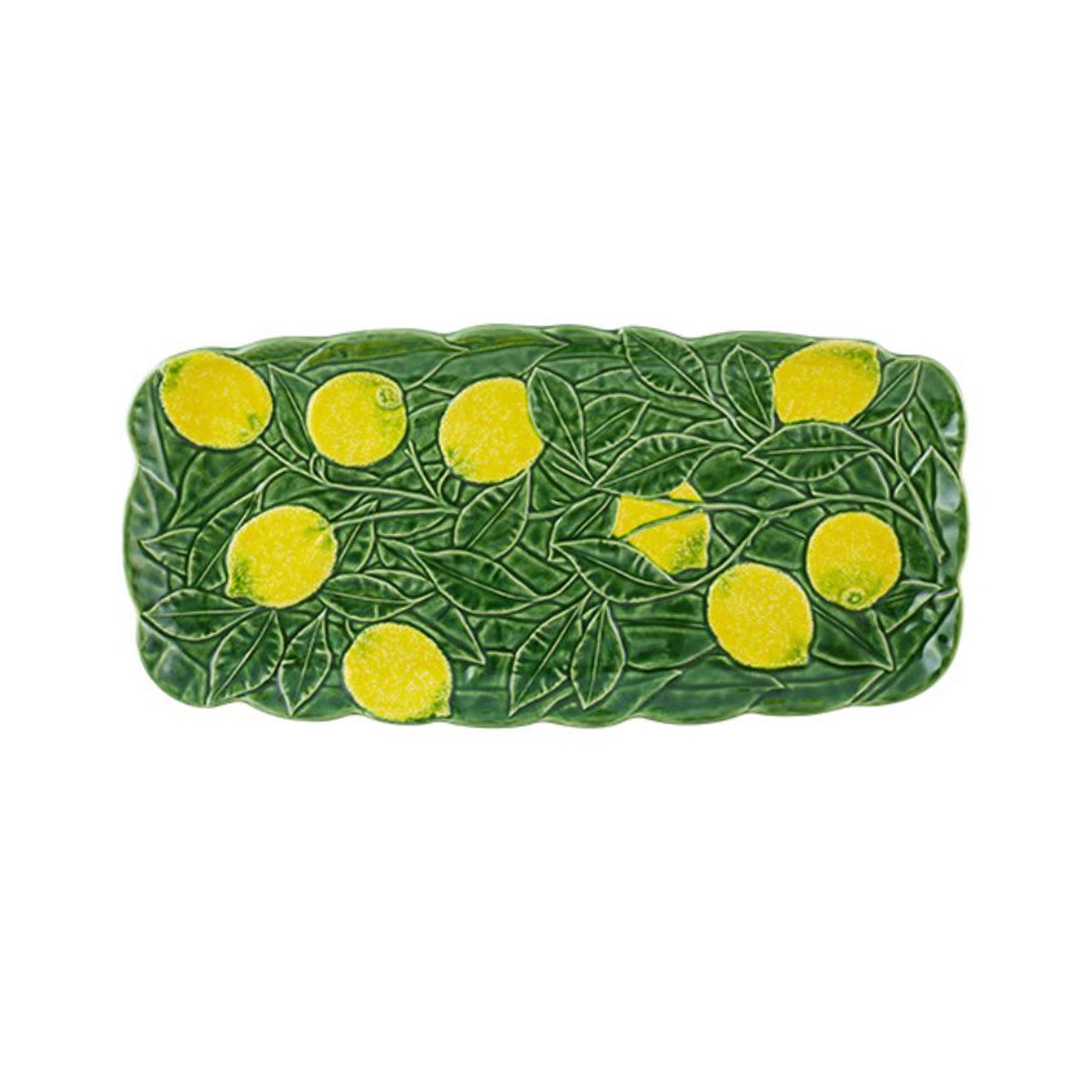 Bandeja de torta rectangular de la colección Lemon de Bordallo Pinheiro, mostrando su relieve texturizado de limones amarillos y hojas verdes.