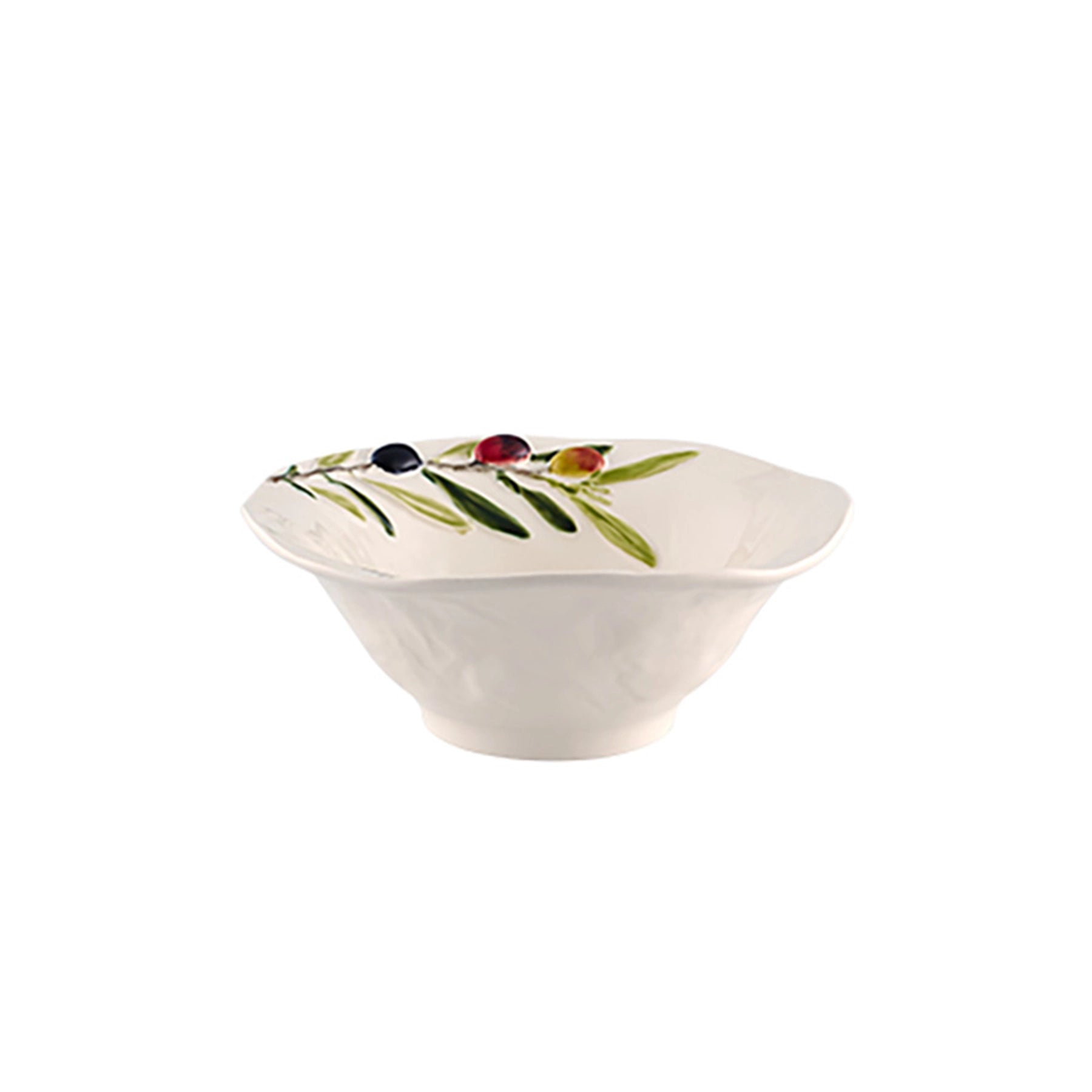 Bowl de la colección Olival de Bordallo Pinheiro en loza portuguesa, mostrando su relieve detallado de hojas de olivo y frutos silvestres.