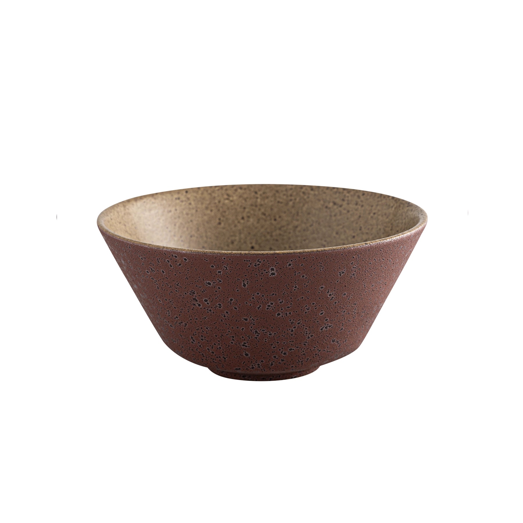 Vista de perfil del bowl de 16 cm Quéops de Casa Alegre, mostrando su exterior marrón óxido moteado y su interior en tono arena.