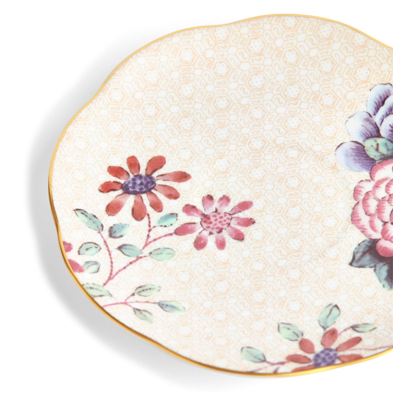 Vista de cerca del diseño floral y de pájaros del juego Durazno Cuckoo.