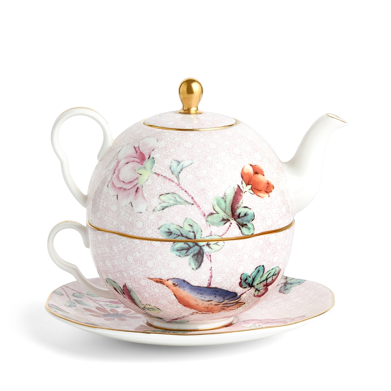 Set Tetera Cuckoo Wedgwood, vista frontal con detalles florales y pájaro.