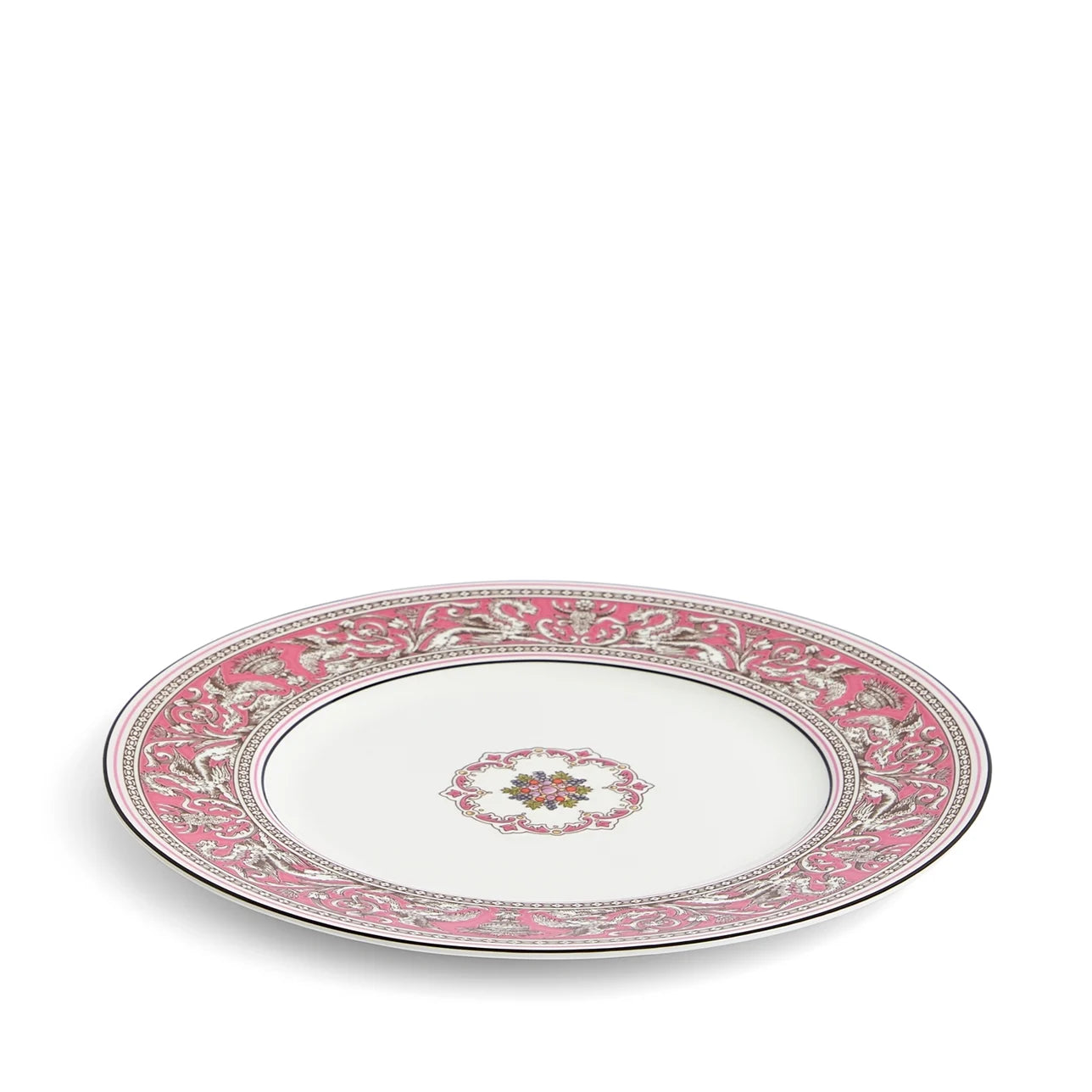 Plato florentino fucsia de porcelana china, vista frontal.
