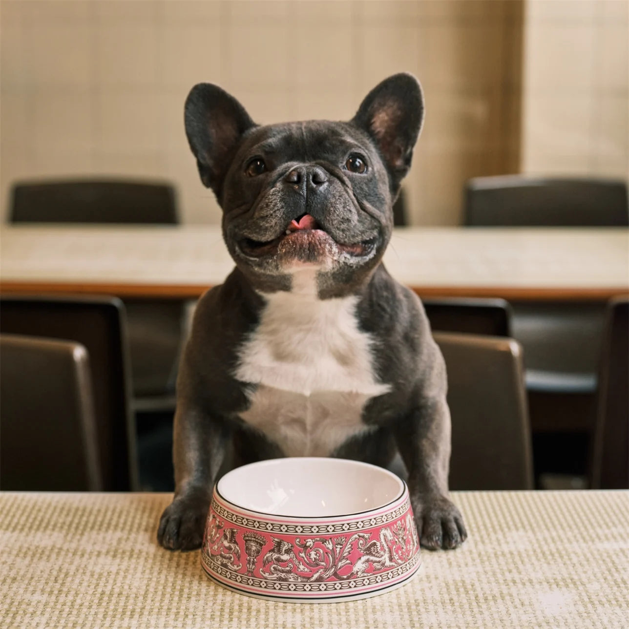 Perro pequeño usando el Bowl Mascotas Florentine Fuchsia.