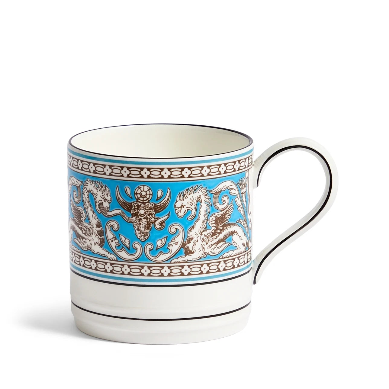 Mug Florentine Turquesa de porcelana china vista frontal.