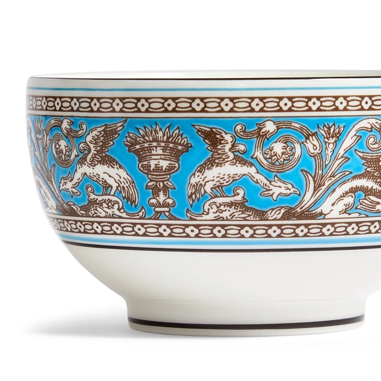 Detalle del diseño florentino del bowl de arroz turquesa de porcelana china.