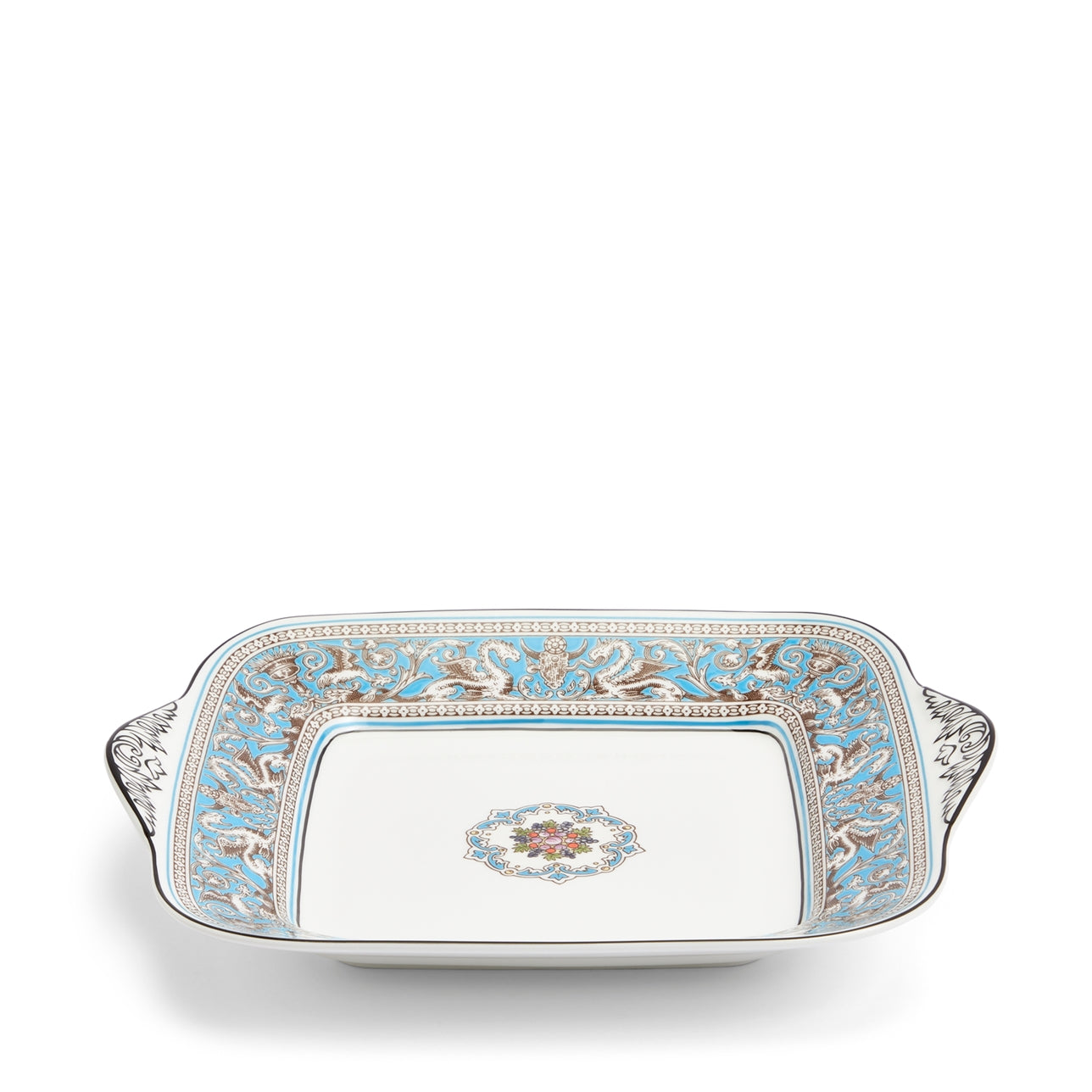 Plato cuadrado torta Florentine Turquoise de porcelana fina con detalles míticos.