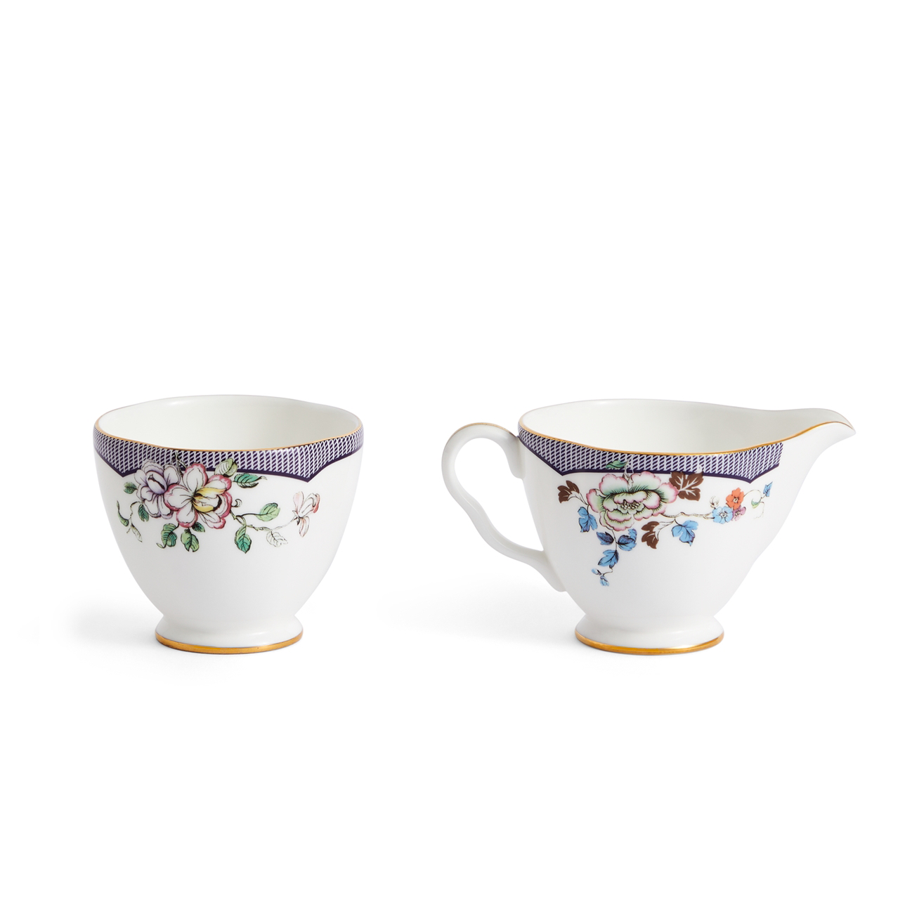 Set de Azucarero y Cremera Fortune de Wedgwood, mostrando el diseño de grullas azules y naranjas sobre porcelana blanca.