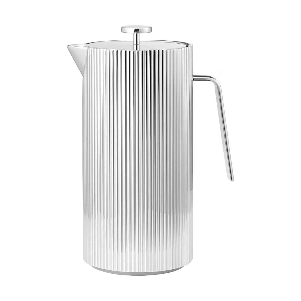 Prensa francesa 1L Bernadotte de Georg Jensen, mostrando el diseño estriado de acero inoxidable.