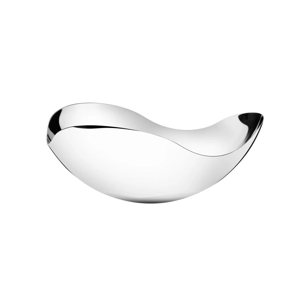 Primer plano del bowl pequeño Bloom, resaltando el brillo del acero inoxidable pulido a espejo y las formas orgánicas.