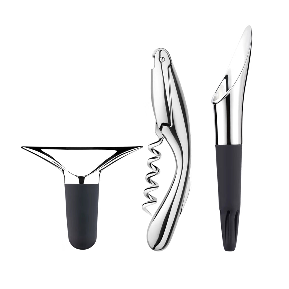  Set de 3 piezas de vino Wine & Bar de Georg Jensen, mostrando los tres accesorios.