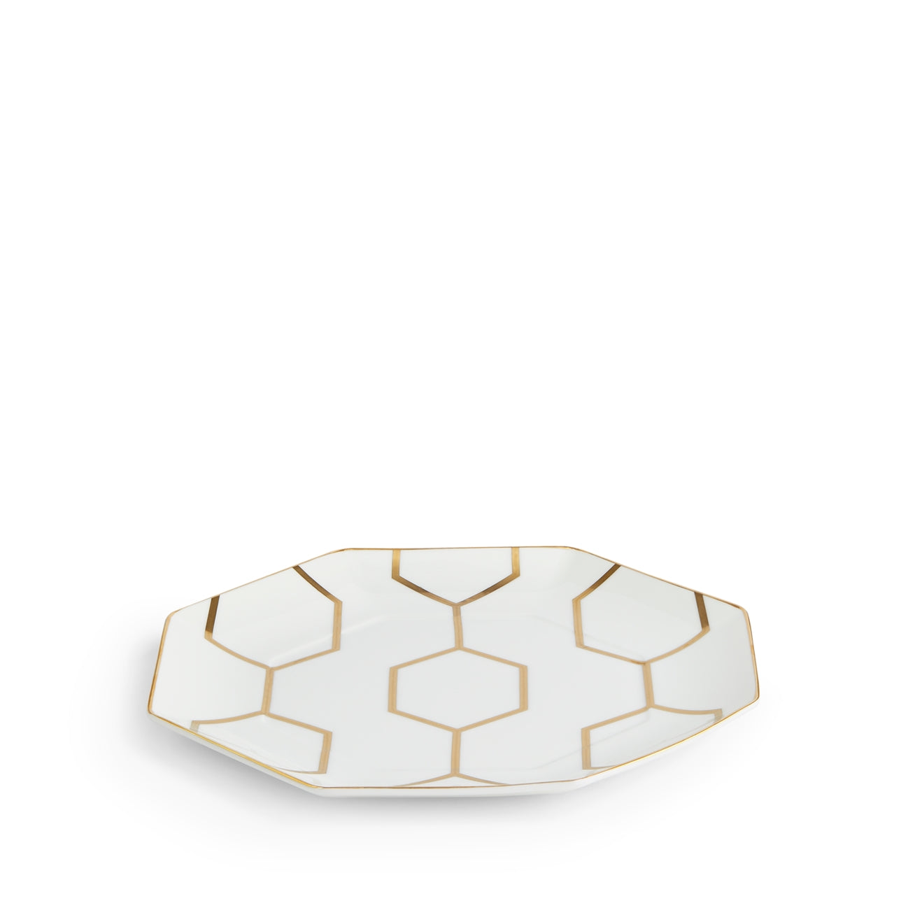 Plato octagonal Gio Gold sobre fondo blanco sedoso.
