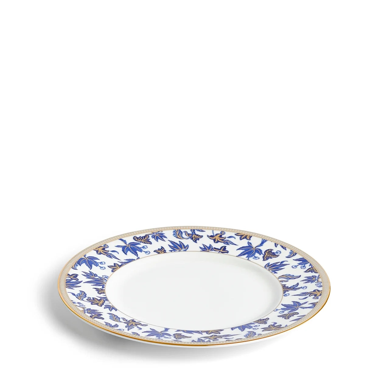 Plato postre Hibiscus de porcelana con borde dorado, ideal para pasteles.
