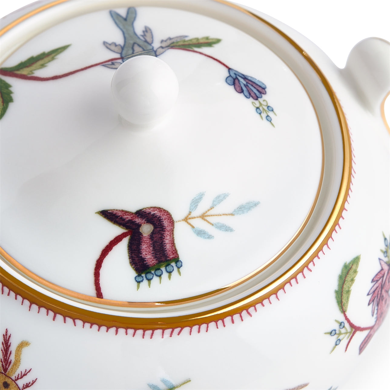 Azucarera Mythical Creatures blanca con detalles dorados y tapa.